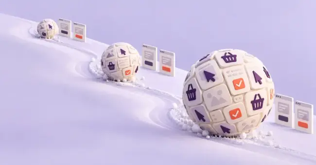 Tre voksende snøballer av nettsideelementer, handlekurver og avkryssinger illustrerer hvordan jevn testing og konverteringsoptimalisering gir en snøballeffekt.