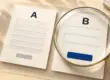 To skjemavarianter merket A og B sammenlignes under et forstørrelsesglass for å illustrere testing av enklere skjemaer og tydeligere handlingsknapper.