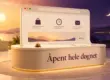 En nettside formet som en resepsjonsdisk med teksten «Åpent hele døgnet», med sol og måne i bakgrunnen som symbol på at bedriften er tilgjengelig på nett dag og natt.