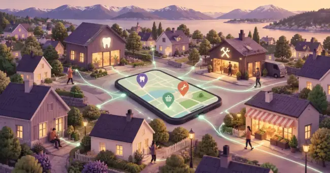 Illustrasjon av et norsk nabolag der digitale forbindelser knytter boliger til lokale bedrifter via en mobiltelefon med kart.