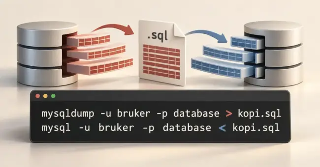 Illustrasjon av en database som eksporteres til en SQL-fil og importeres til en annen database, med kommandoene mysqldump og mysql i et terminalvindu.