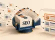 Illustrasjon av nettsider som samles i et kartotek merket SEO og organiseres til rangerte søkeresultater, med det øverste resultatet fremhevet i oransje.