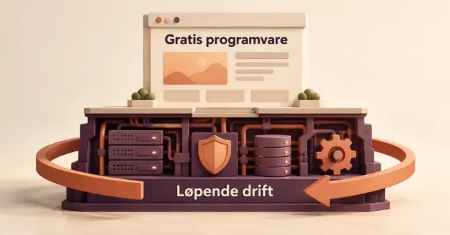 En nettside med gratis programvare står på et fundament med servere, sikkerhet, sikkerhetskopiering og vedlikehold som illustrerer behovet for løpende drift.