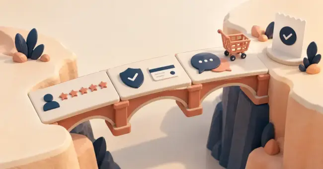 En bro med anmeldelsesstjerner, sikker betaling og chat leder en handlevogn frem til et bekreftet kjøp og illustrerer hvordan tillit kan øke konverteringen.