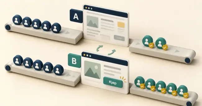 Illustrasjon av en A/B-test der en forenklet nettside med tydelig kjøpsknapp gjør flere av de samme besøkende til kunder.