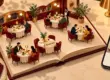 Illustrasjon av en reservasjonsbok som blir til en restaurant med gjester ved bordene, ved siden av en mobil med matbilde og bekreftet bestilling.