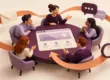 Illustrasjon av fem personer samlet rundt en nettside på et rundt bord, omgitt av et bånd med symboler for e-post, chat og søk som viser kontakt og varige kunderelasjoner på nett.