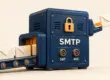 Illustrasjon av konvolutter som sendes gjennom en SMTP-server med hengelås og portene 587 og 465 for sikker utgående e-post.