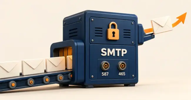 Illustrasjon av konvolutter som sendes gjennom en SMTP-server med hengelås og portene 587 og 465 for sikker utgående e-post.